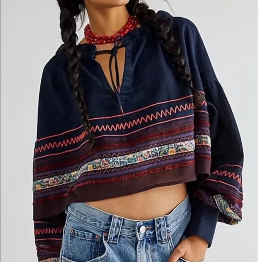 Free People We the Free Poppy Embroidered Indigo Top Small NWT